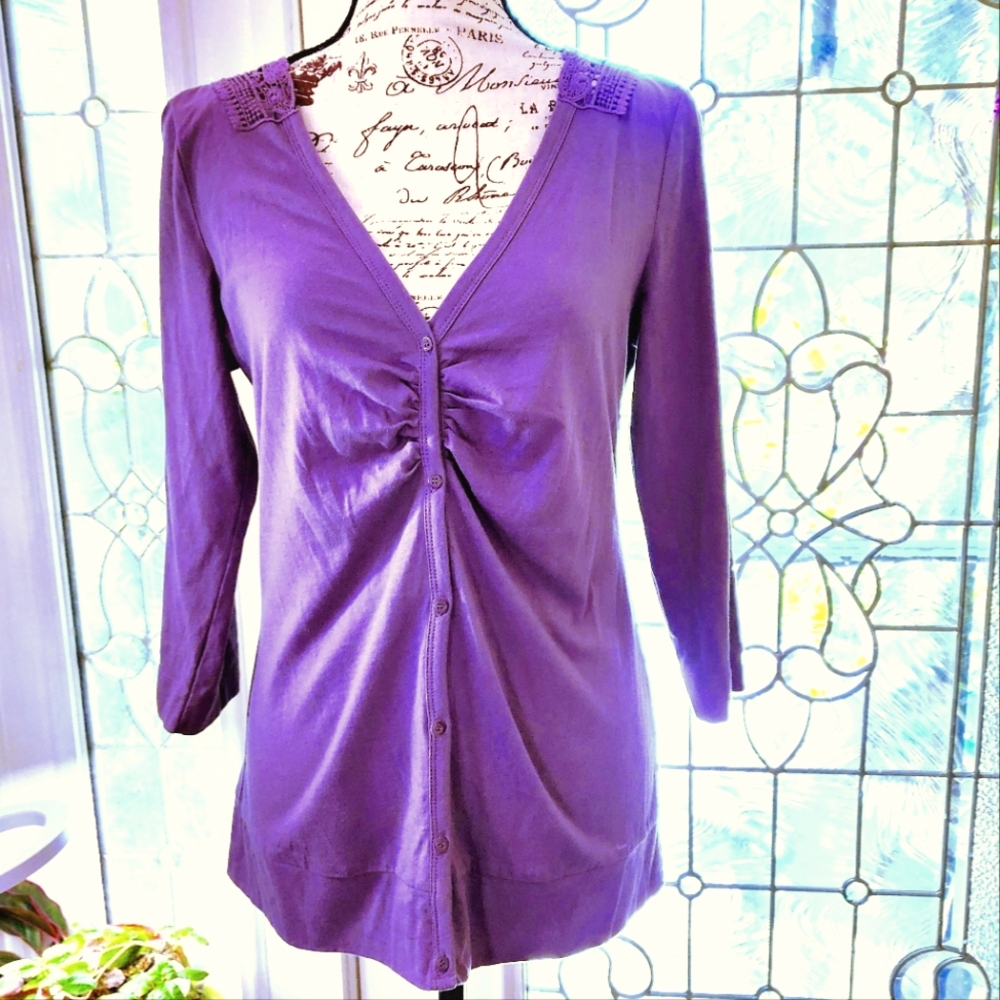 NWOT Soft Surroundings Purple Crochet-Back Cardigan S